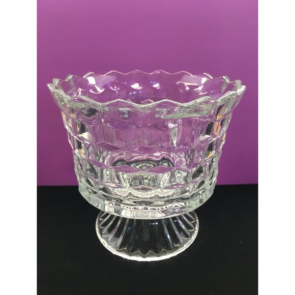 Vintage Fostoria American Pedestal Compote Bowl Dish Clear Glass Cube Pattern - Picture 7 of 16